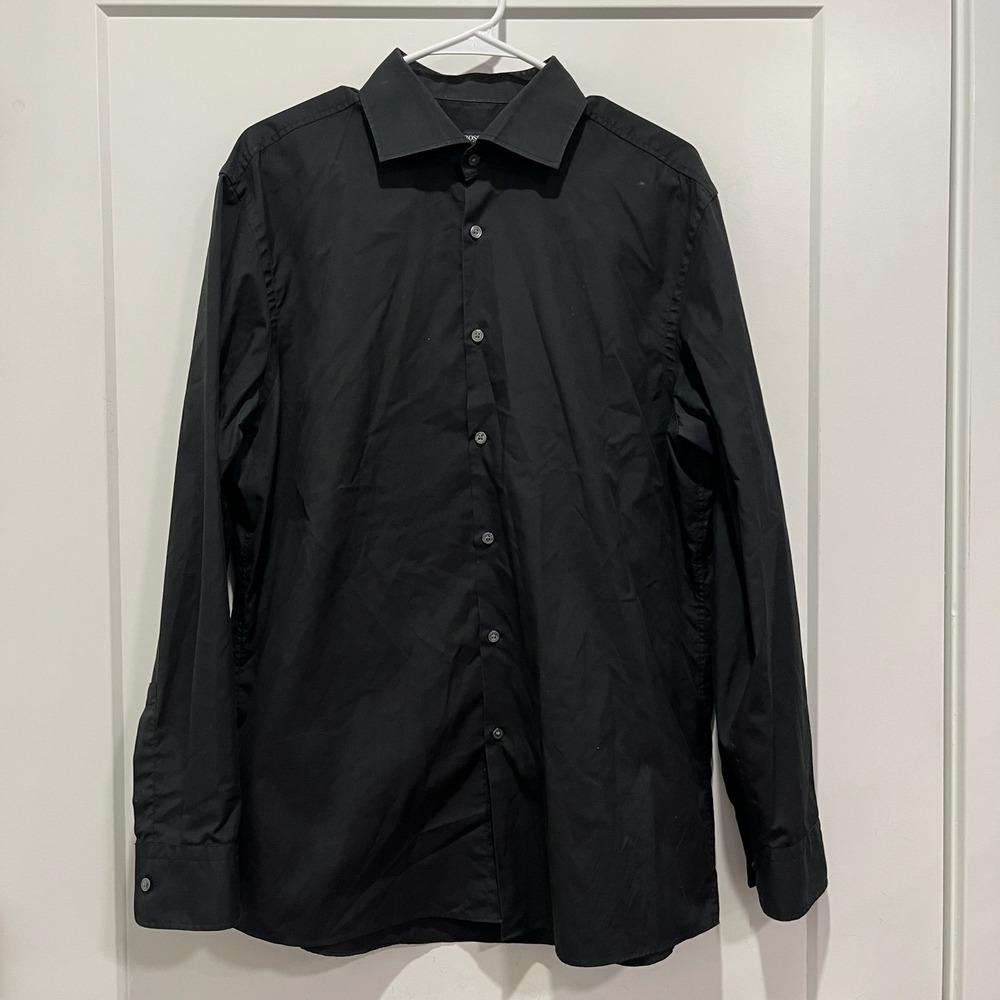 Hugo Boss Mens Sharp Fit Stretch Shirt Black 17.5 34/35 Long Sleeve Button Down